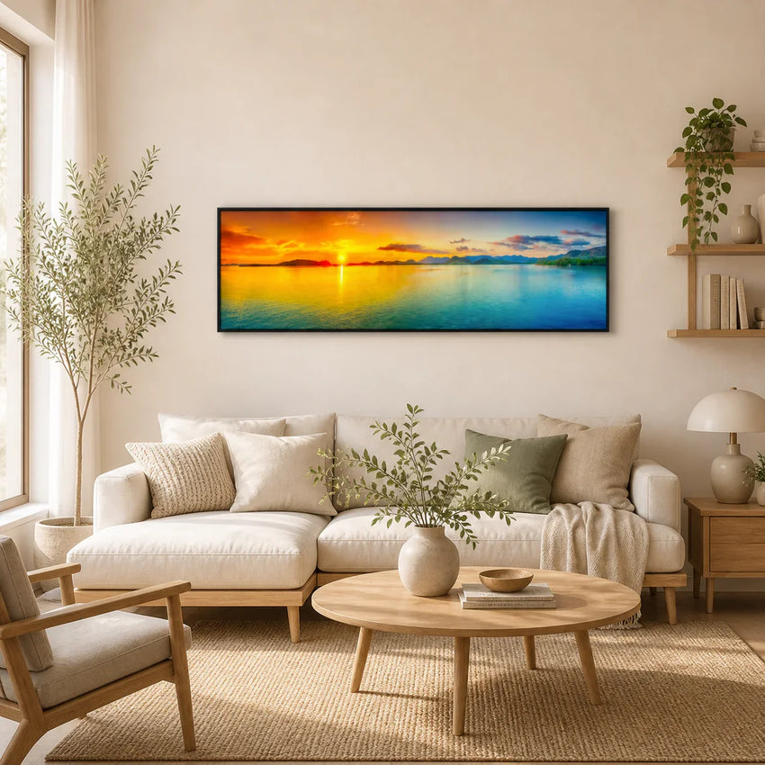 Cozy bedroom with artisan home decor, wooden bed, and panoramic sunset wall art, Fansee Australia