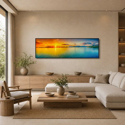 Cozy bedroom with artisan home decor, wooden bed, and panoramic sunset wall art, Fansee Australia