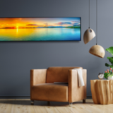 Modern living room with artisan decor, leather armchair, wood accents, and sunset wall art