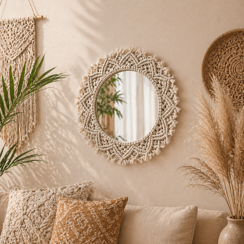 Hand-Woven Macrame Round Mirror - Fansee Australia