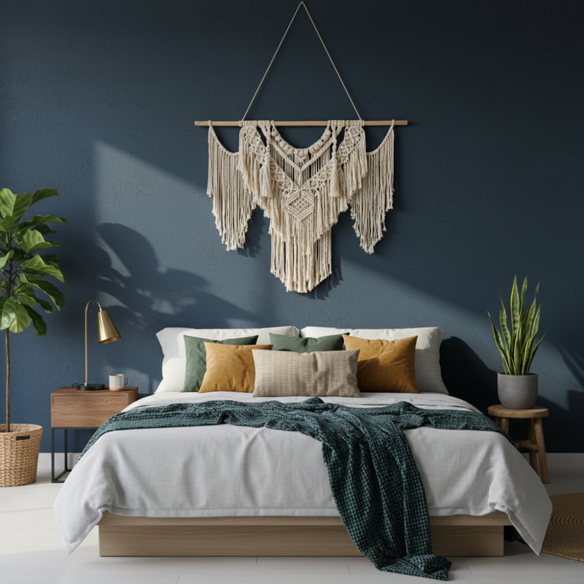 Artisan home decor bedroom with boho macrame wall hanging, cozy bedding, and accent pillows