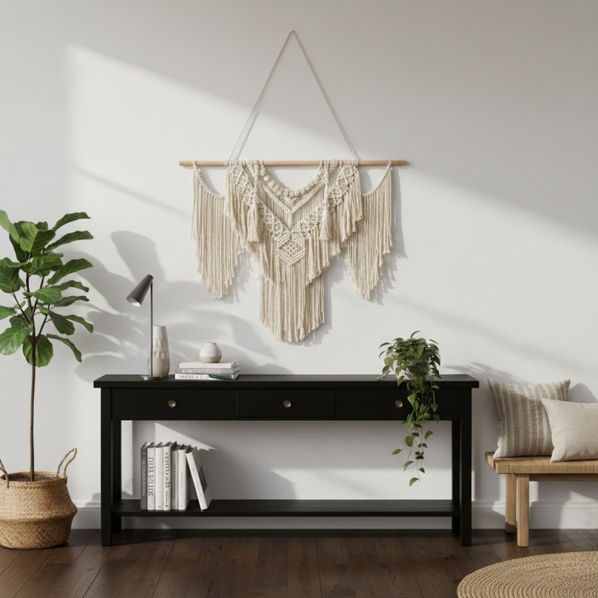 Modern living room with artisan macrame wall hanging, black console table, and indoor plants