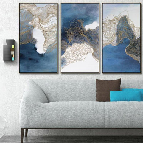 Handmade Blue Abstract Framed Wall Art - 3 Pcs Set (60x120cm) - Fansee Australia