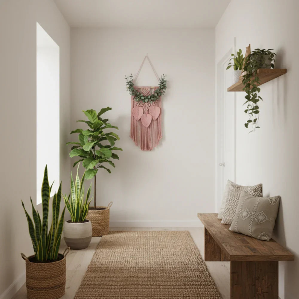 Handmade Macrame Wall Hanging with Tassels - Pink