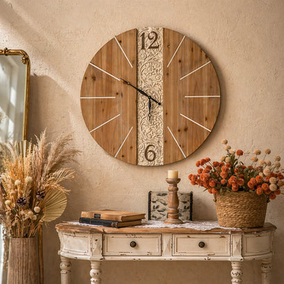 Heritage Grove Carved Wood Wall Clock – Large Rustic Statement Clock