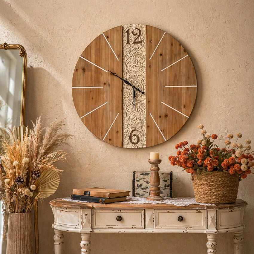 Heritage Grove Carved Wood Wall Clock – Large Rustic Statement Clock