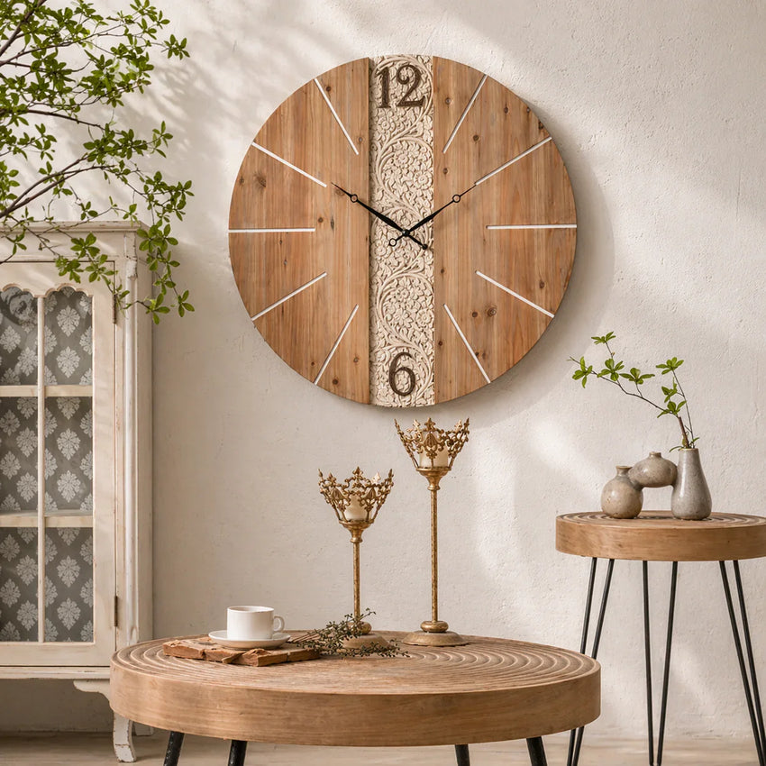 Heritage Grove Carved Wood Wall Clock – Large Rustic Statement Clock