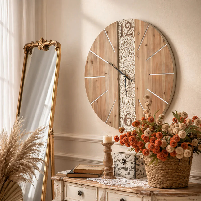 Heritage Grove Carved Wood Wall Clock – Large Rustic Statement Clock