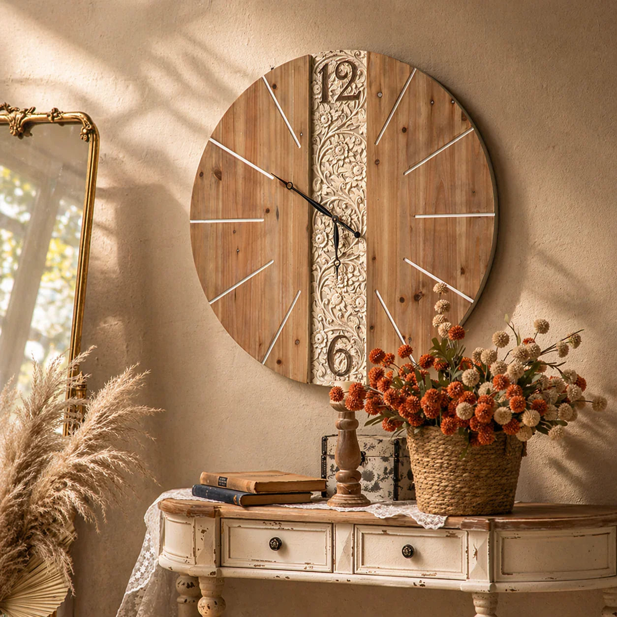 Heritage Grove Carved Wood Wall Clock – Large Rustic Statement Clock