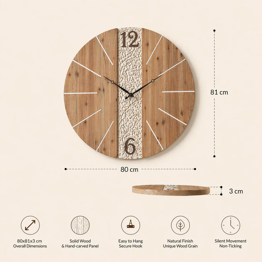 Heritage Grove Carved Wood Wall Clock – Large Rustic Statement Clock