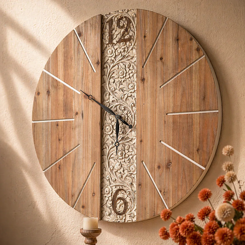 Heritage Grove Carved Wood Wall Clock – Large Rustic Statement Clock
