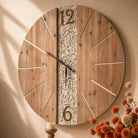 Heritage Grove Carved Wood Wall Clock – Large Rustic Statement Clock