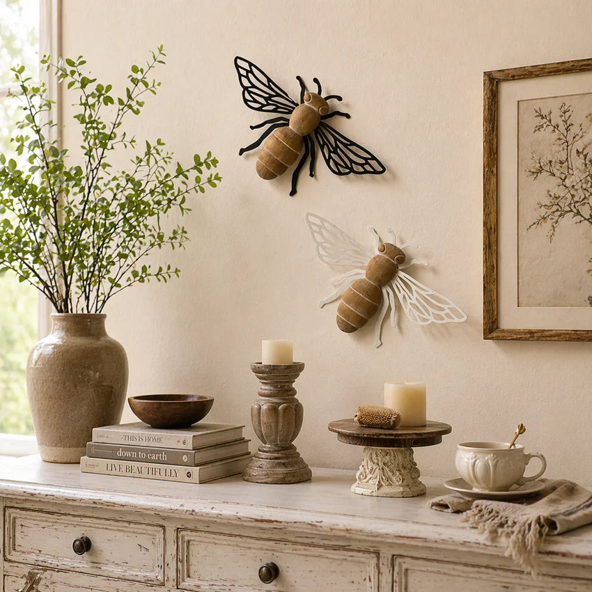Honey Grove Wooden Bee Wall Art – Rustic Metal & Wood Wall Décor