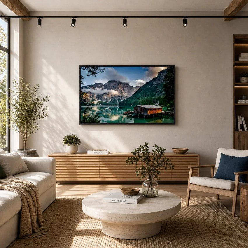 Modern living room with green sofa, wall art of mountain lake landscape, stylish home decor