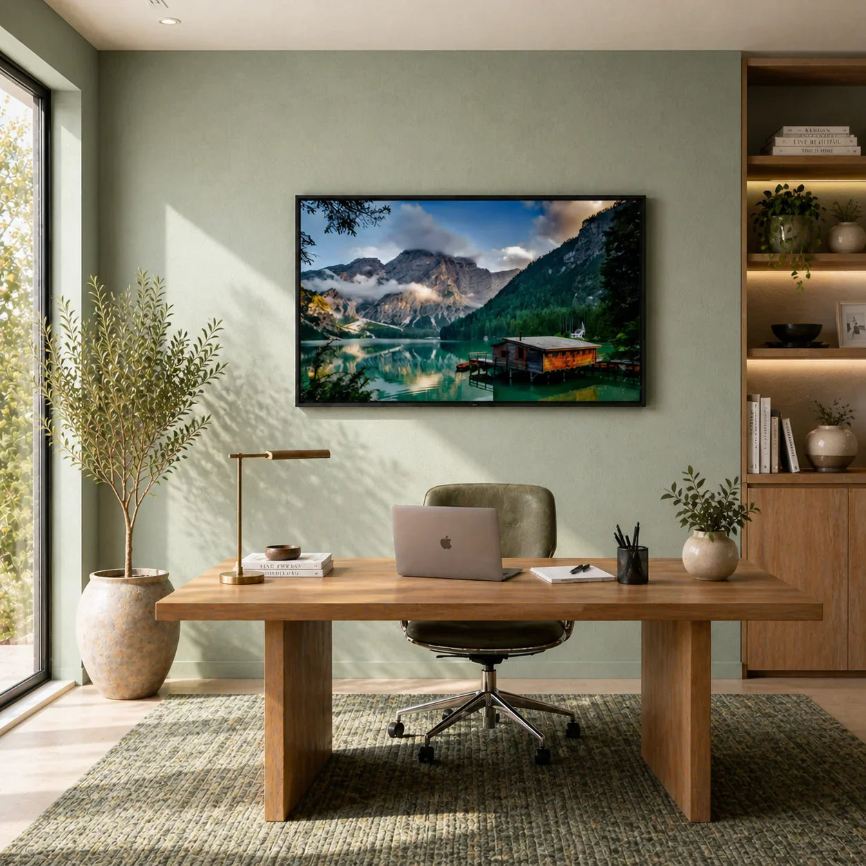 Modern living room with green sofa, wall art of mountain lake landscape, stylish home decor