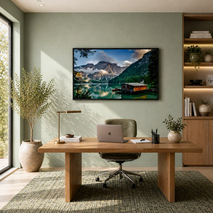 Modern living room with green sofa, wall art of mountain lake landscape, stylish home decor
