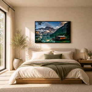 Lakeside Haven – Framed Mountain Cabin Landscape Canvas Art (75x100cm)