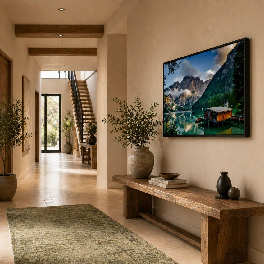 Modern living room with green sofa, wall art of mountain lake landscape, stylish home decor