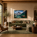 Modern living room with green sofa, wall art of mountain lake landscape, stylish home decor