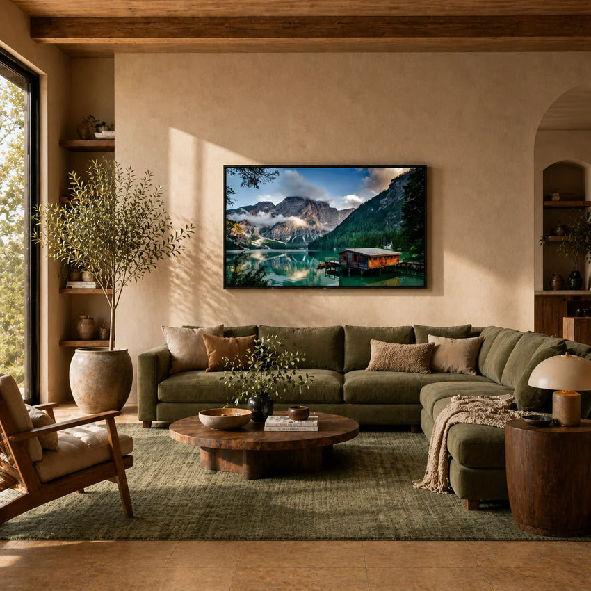 Modern living room with green sofa, wall art of mountain lake landscape, stylish home decor