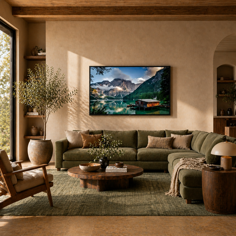 Modern living room with green sofa, wall art of mountain lake landscape, stylish home decor