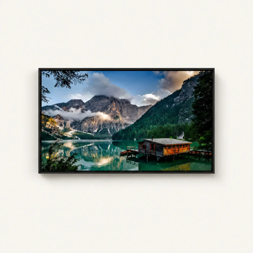 Lakeside Haven – Framed Mountain Cabin Landscape Canvas Art (75x100cm)