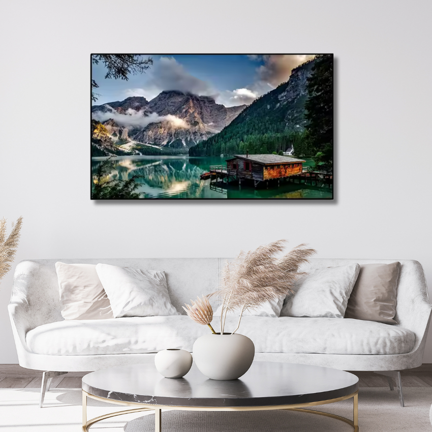Modern living room with white sofa, round table, and mountain lake wall art, Fansee Australia home decor