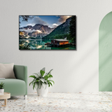 Modern living room with green sofa, indoor plant, and mountain lake wall art, Fansee Australia