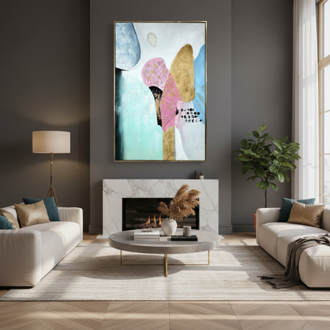 Large Golden Abstract Painting With Floating Frame (75x120cm)