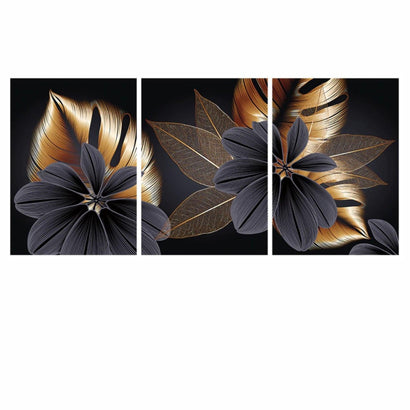 Large Plant Leaf Canvas Prints in Black and Gold - 3 Pcs Set (60x80cm) - Fansee Australia