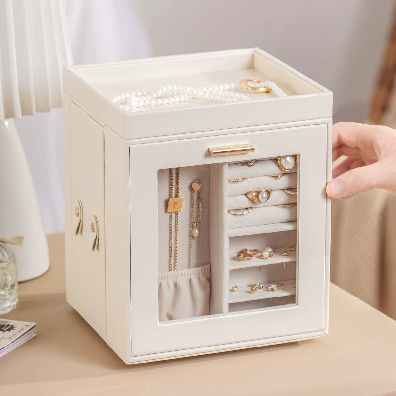 Elegant cream jewelry organizer box with glass window holding gold and pearl accessories, Fansee Australia home decor.