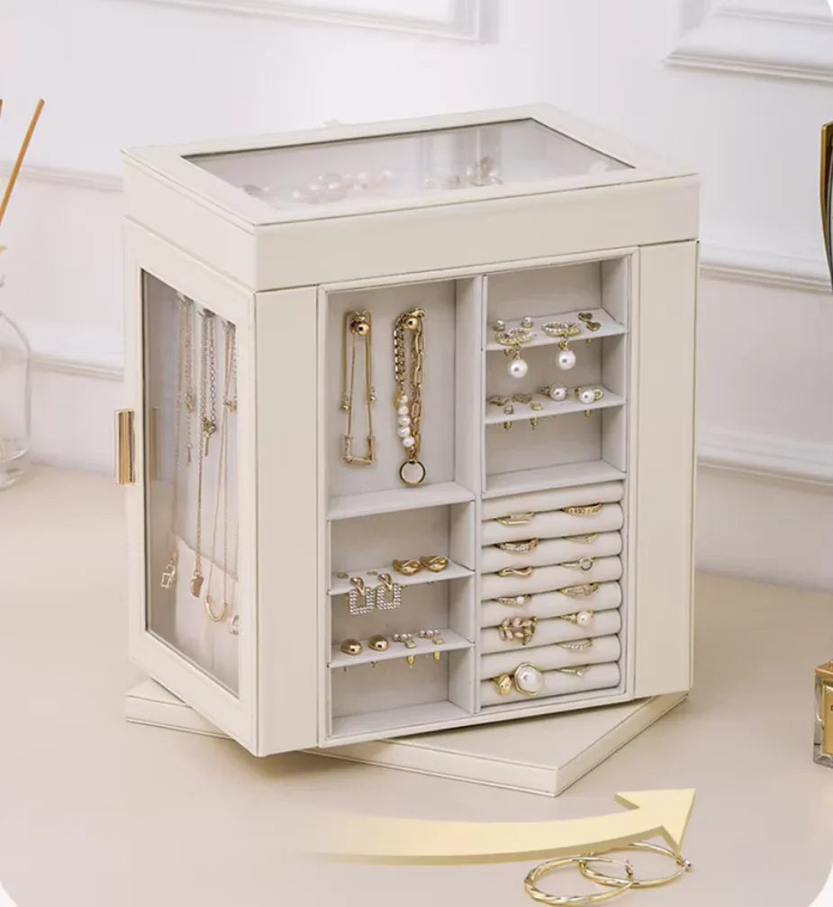 Luxury five-layer leather jewelry storage box for earrings, necklaces, rings on table