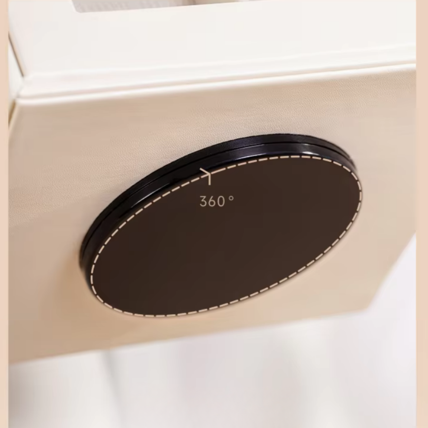 Close-up of a rotating 360° black turntable base on a beige kitchenware item, Fansee Australia