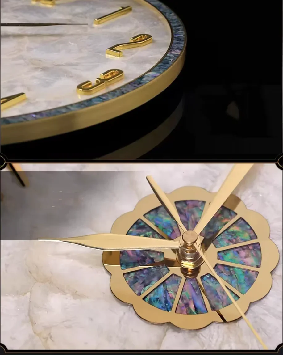 Luxury gold art decor round wall clock with marble face and abalone shell inlays, Fansee Australia