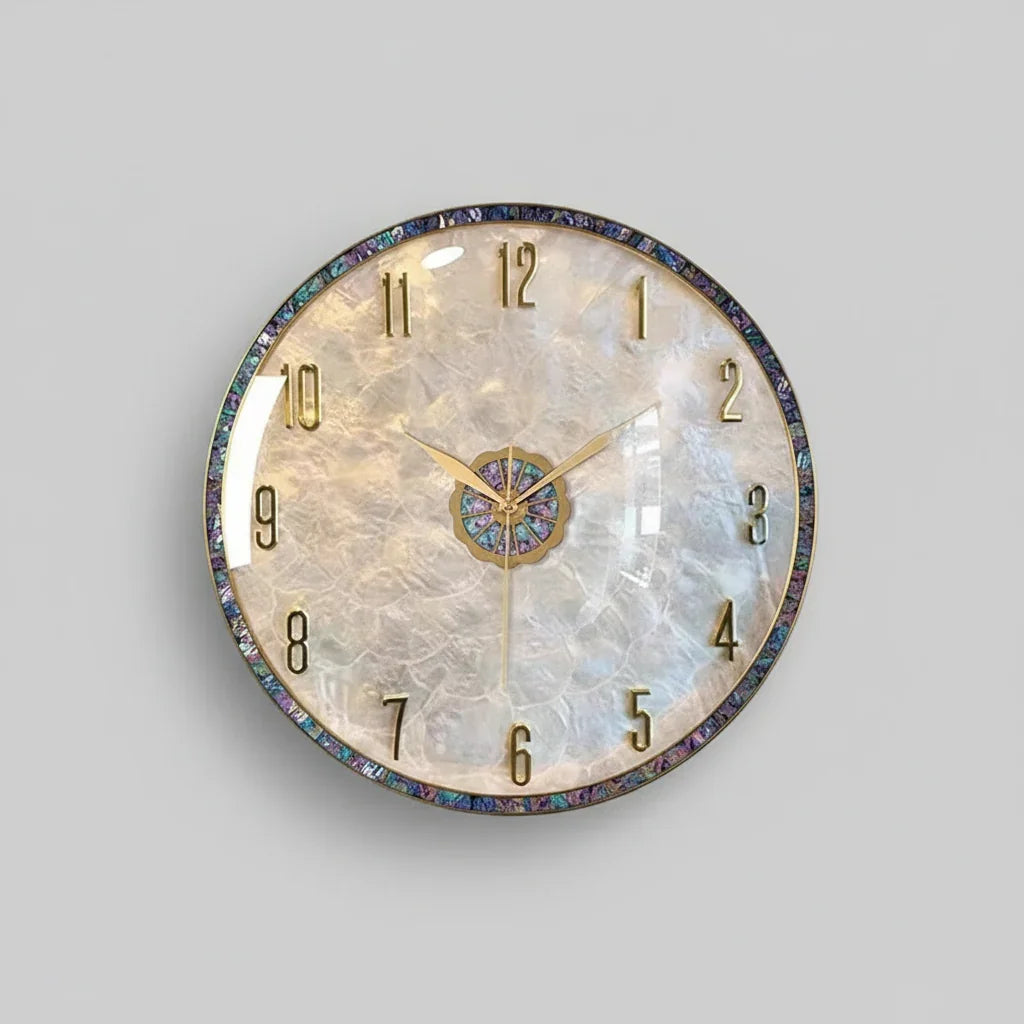 Luxury gold art decor round wall clock with pearl face and abalone detail, Fansee Australia