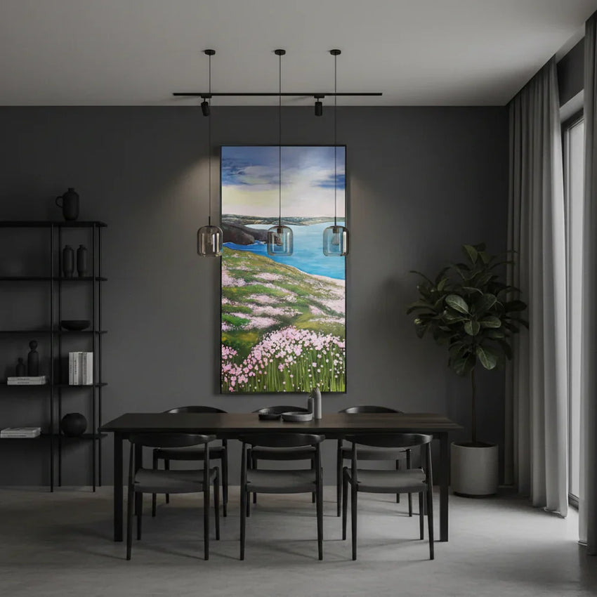 Meadow by the Sea: Hand-Painted Coastal Landscape Oil Painting (60x120cm)