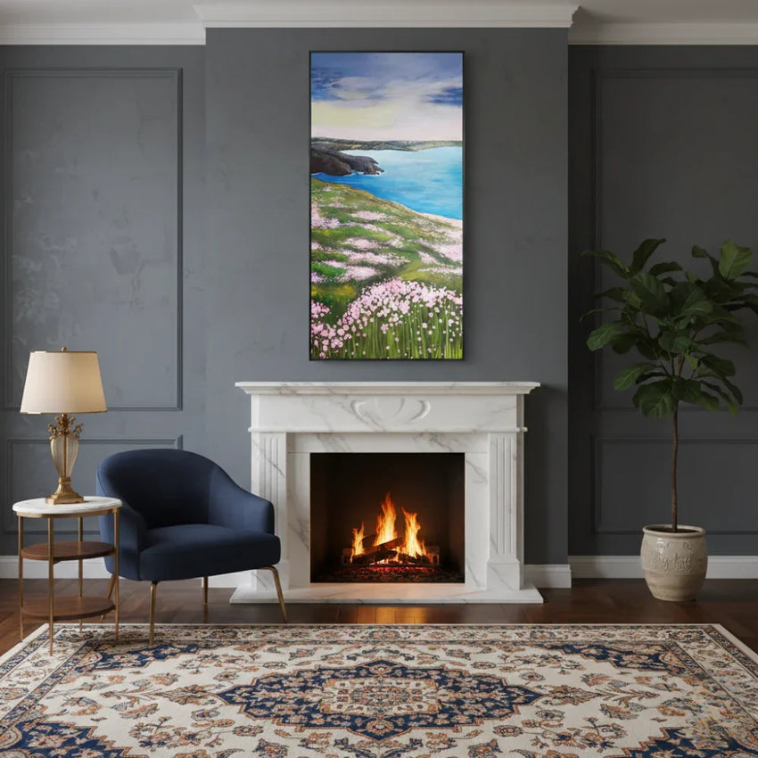 Meadow by the Sea: Hand-Painted Coastal Landscape Oil Painting (60x120cm)