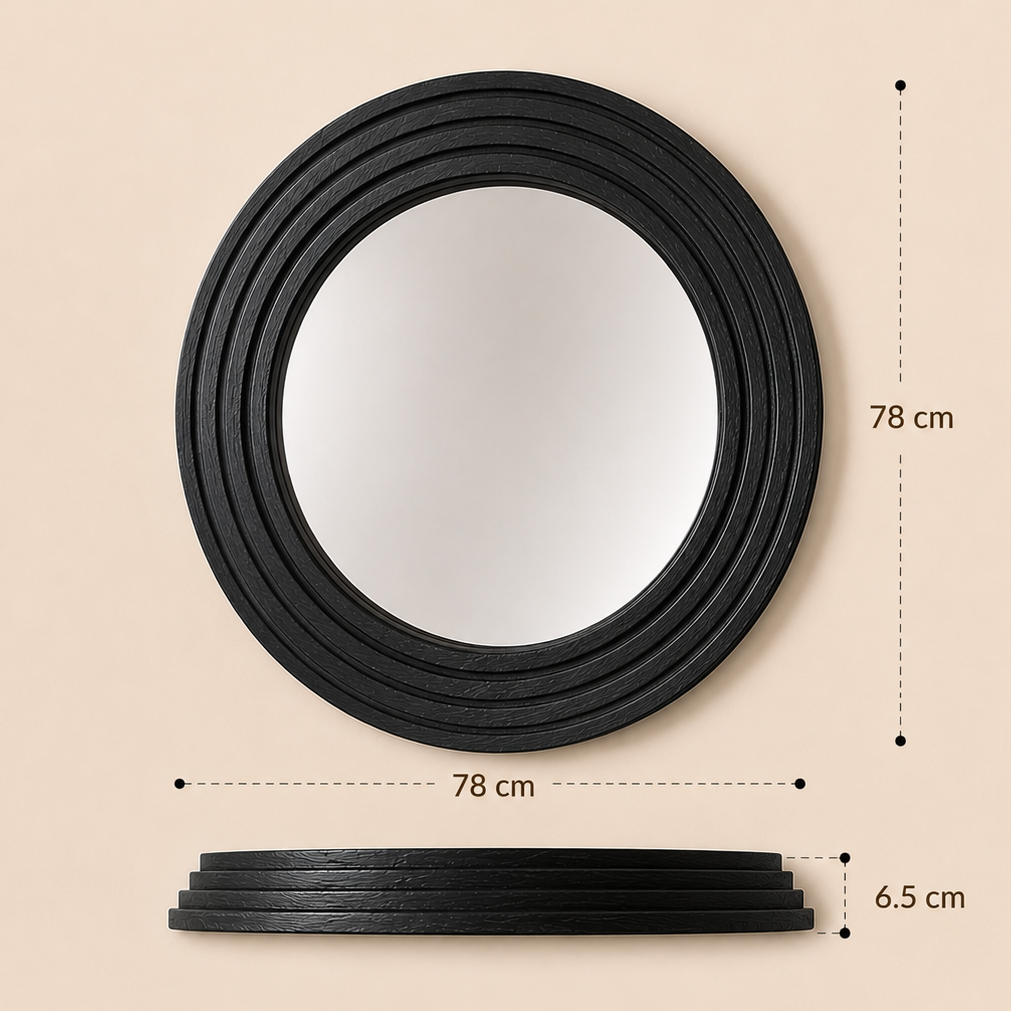 Round black textured wall mirror, 78cm diameter, modern home décor accent for Australian interiors