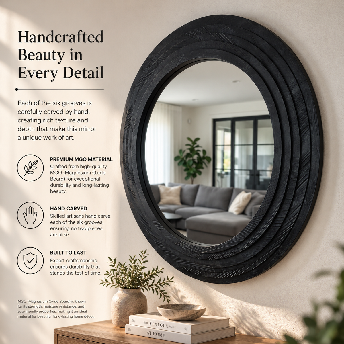 A large round wall mirror with a thick, hand-carved black frame, shown in a styled interior setting with promotional text on the left detailing its craftsmanship and premium MGF material.