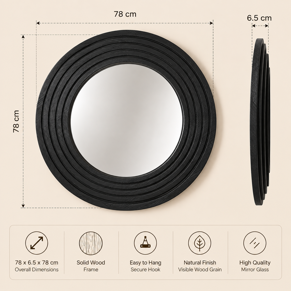 Round black textured wall mirror, 78cm diameter, modern home décor accent for Australian interiors