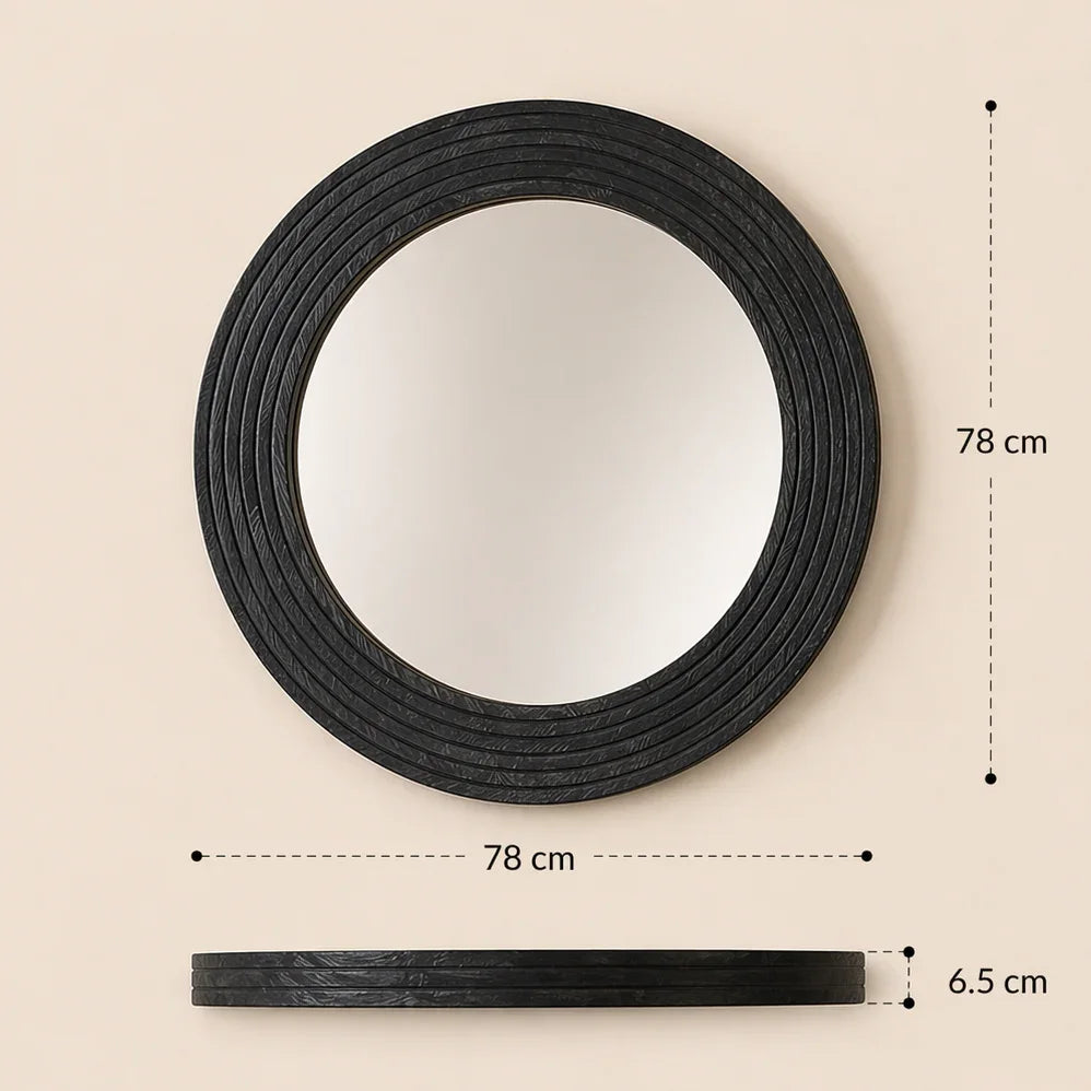 Noir Ridge Round Wall Mirror – Textured Black Statement Frame