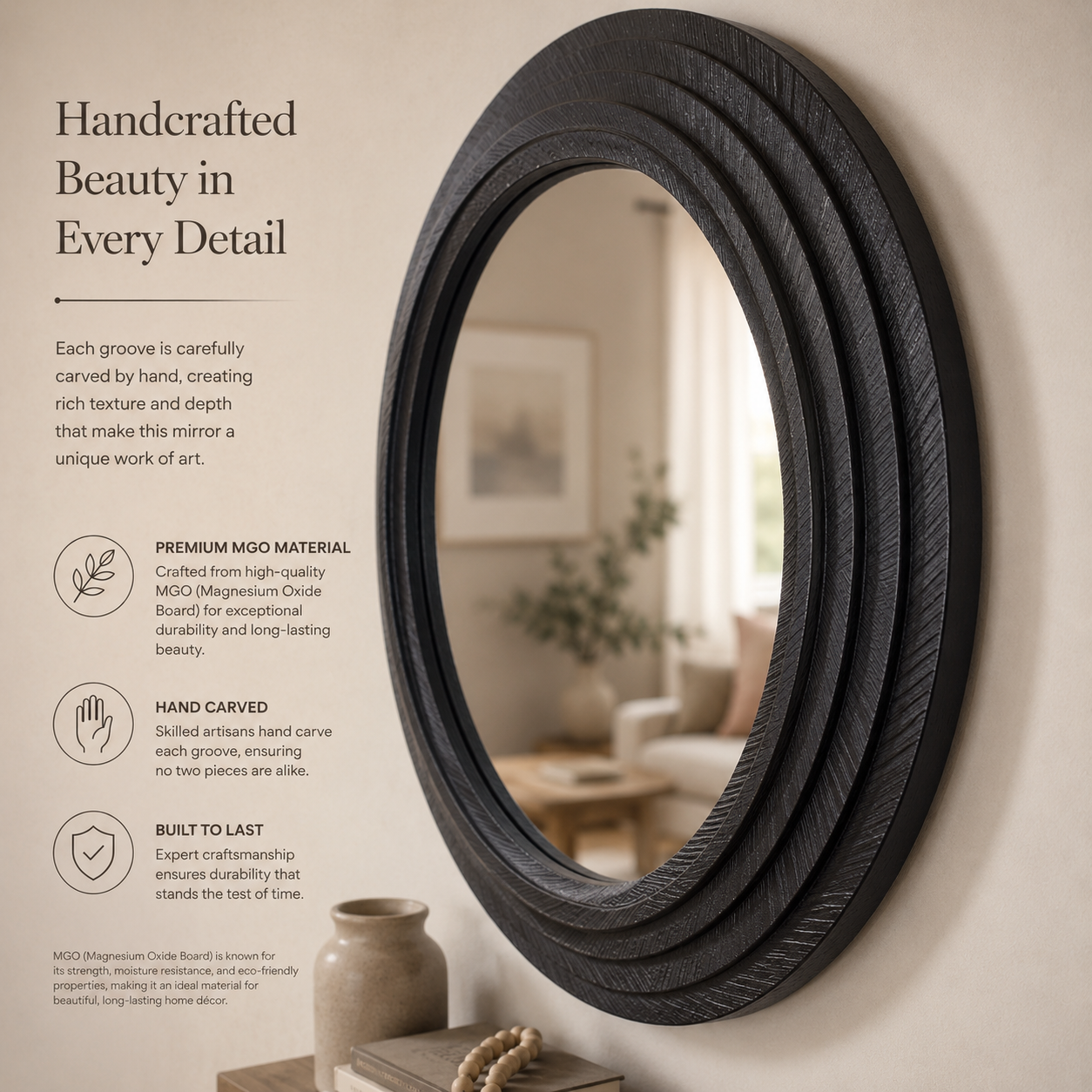 Round black textured wall mirror, 78cm diameter, modern home décor accent for Australian interiors
