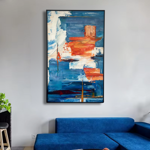 Abstract blue and orange wall art above modern blue sofa in stylish living room, Fansee Australia home decor
