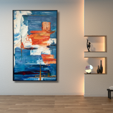 Modern living room with blue and orange abstract wall art and minimalist decor shelves