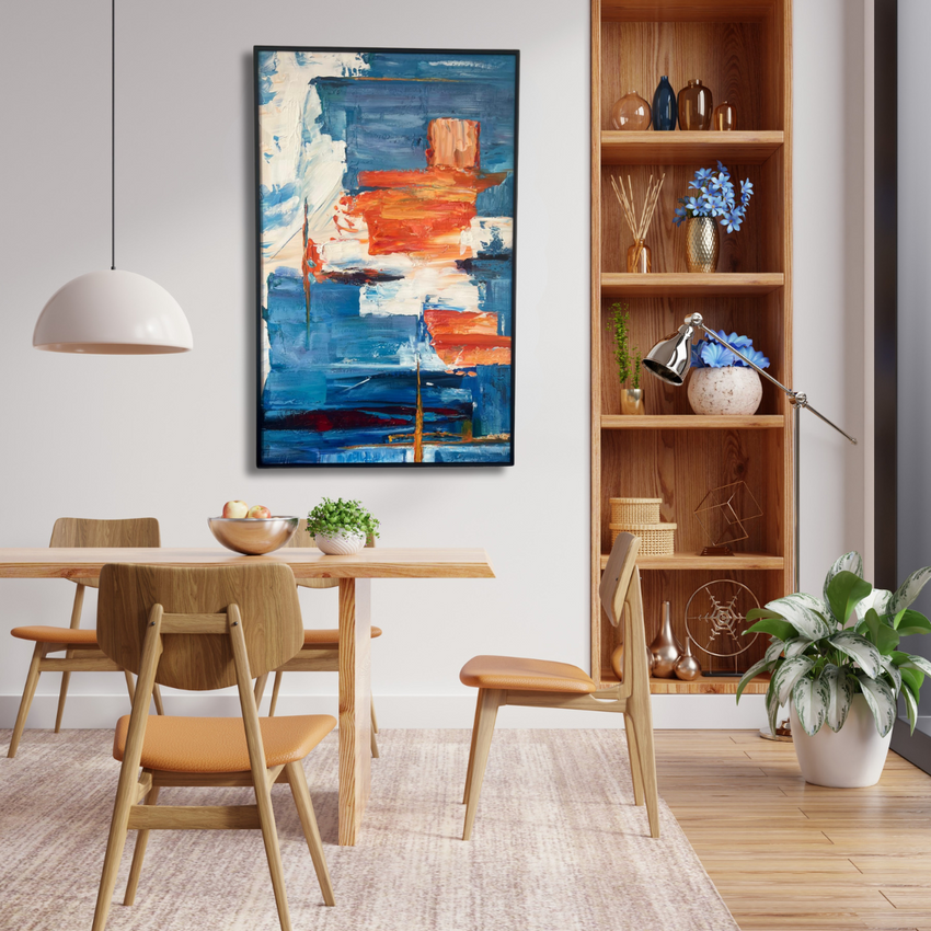 Modern dining room with abstract wall art, wooden table and chairs, shelf decor, styled by Fansee Australia.