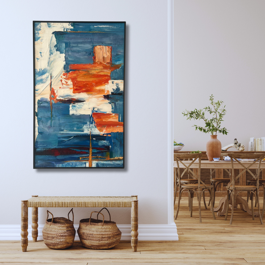 Modern abstract artwork with blue, orange, and white hues in a stylish Australian home decor setting
