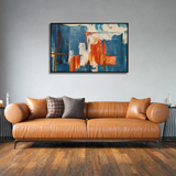 Modern living room with tan leather sofa, abstract art, and hardwood floor, Fansee Australia