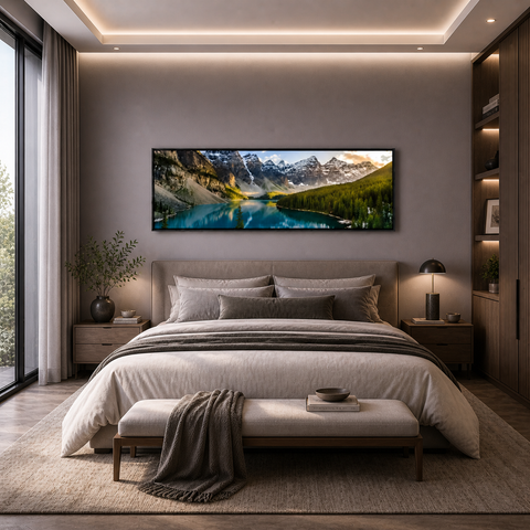 Modern living room with white sofa, round coffee table, and mountain landscape wall art - Fansee Australia