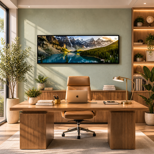Modern living room with white sofa, round coffee table, and mountain landscape wall art - Fansee Australia