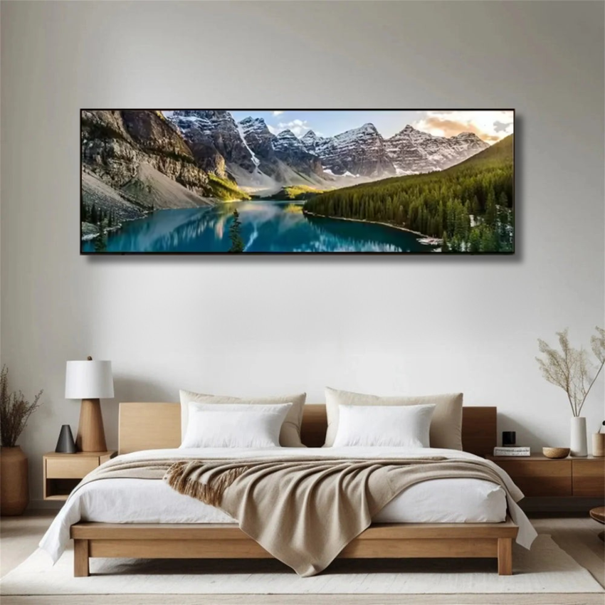 Modern bedroom with minimalist decor and mountain lake canvas wall art, Fansee Australia